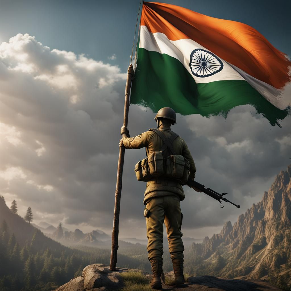 Indian Soldier Hoisting Flag: Detailed Matte Painting