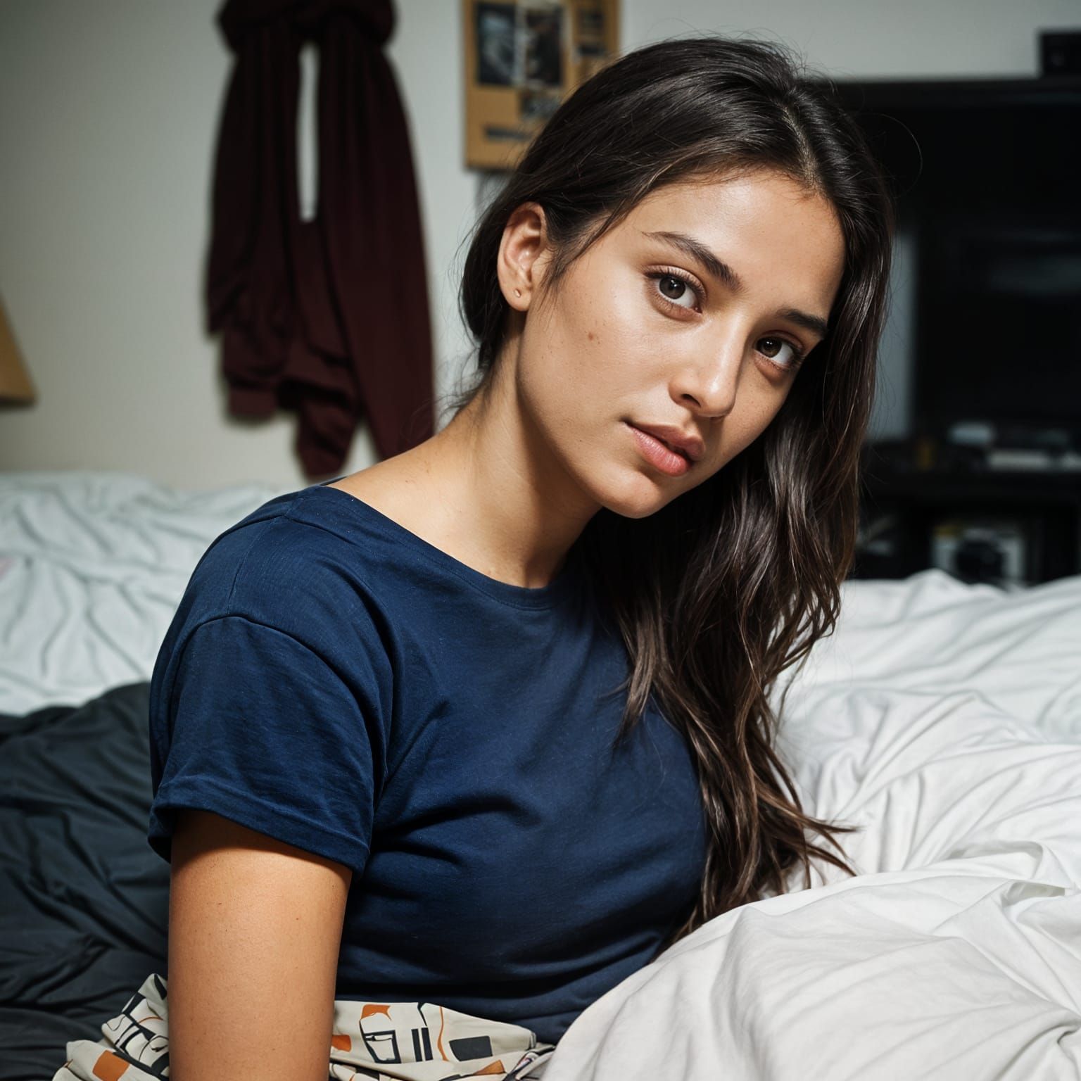 Young Indian Woman's Emotional Struggle in a Cluttered Bedro...