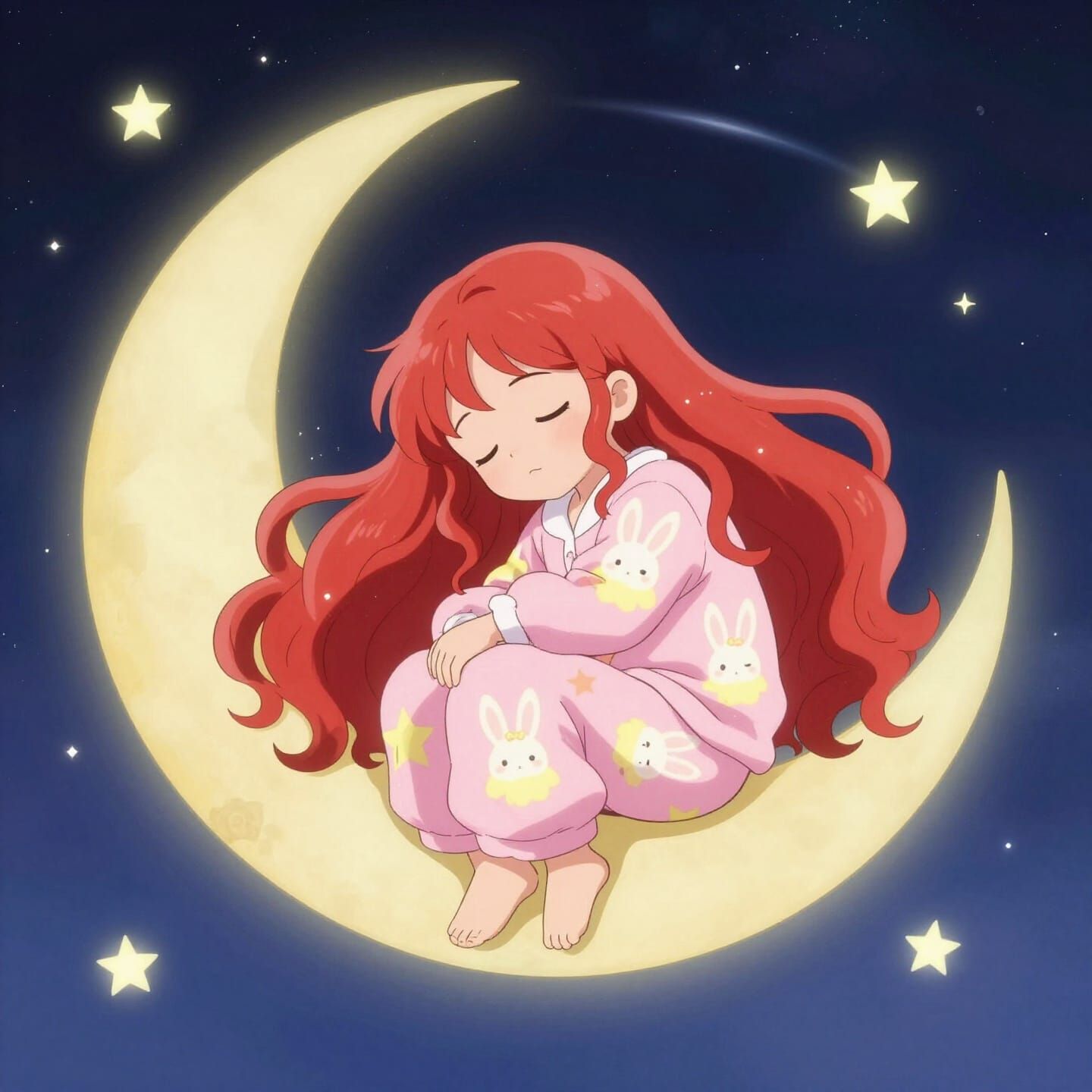 Anime Catgirl Sleeping on Moon in Celestial Night