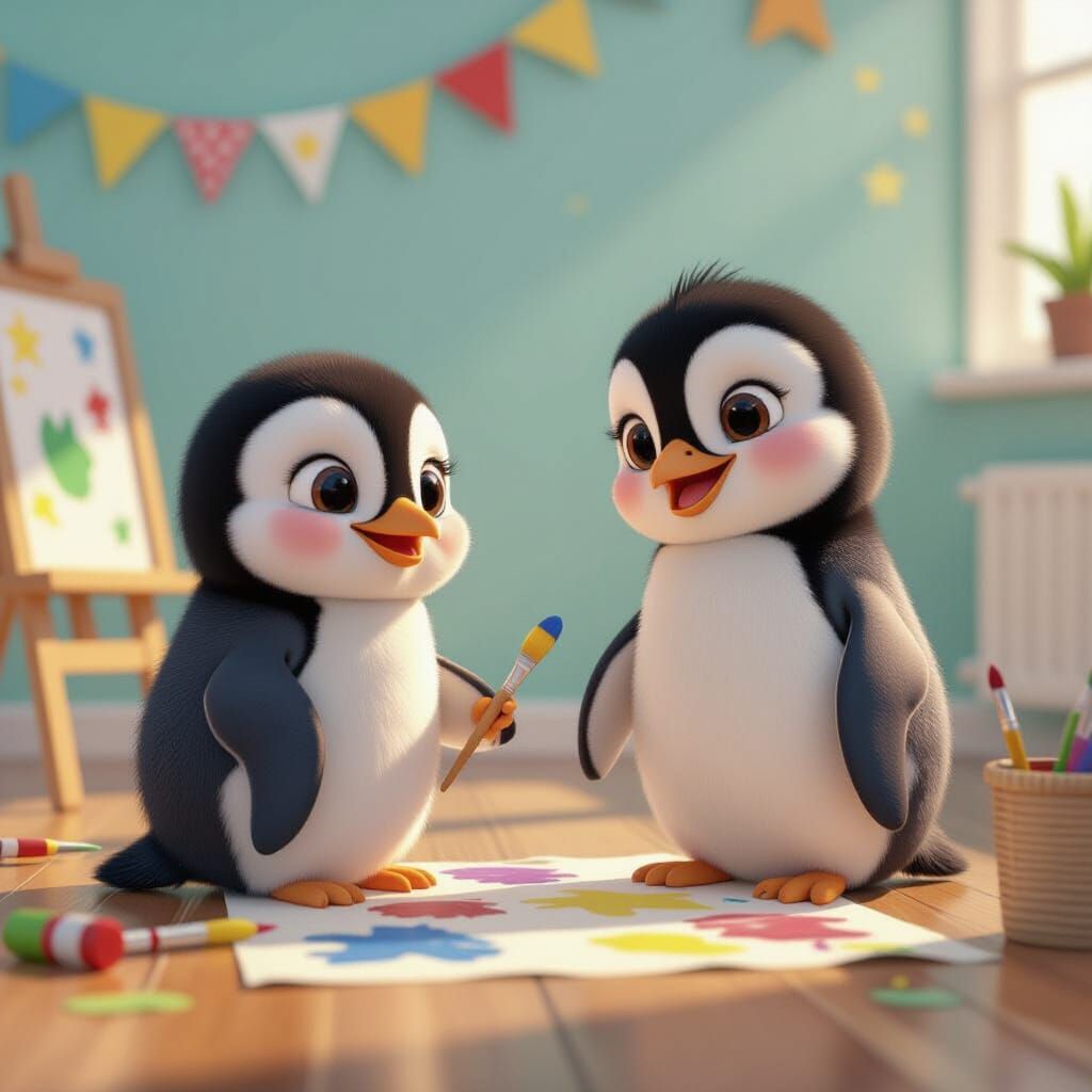 Baby Penguins Painting in Kindergarten, 3D Digital Art