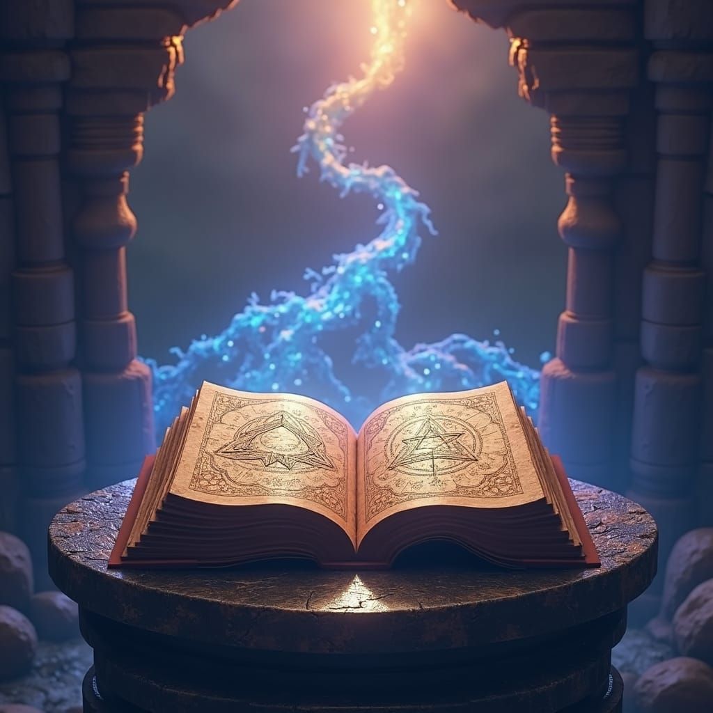 Gnostic Symbols on Ancient Portal in Dreamlike Landscape