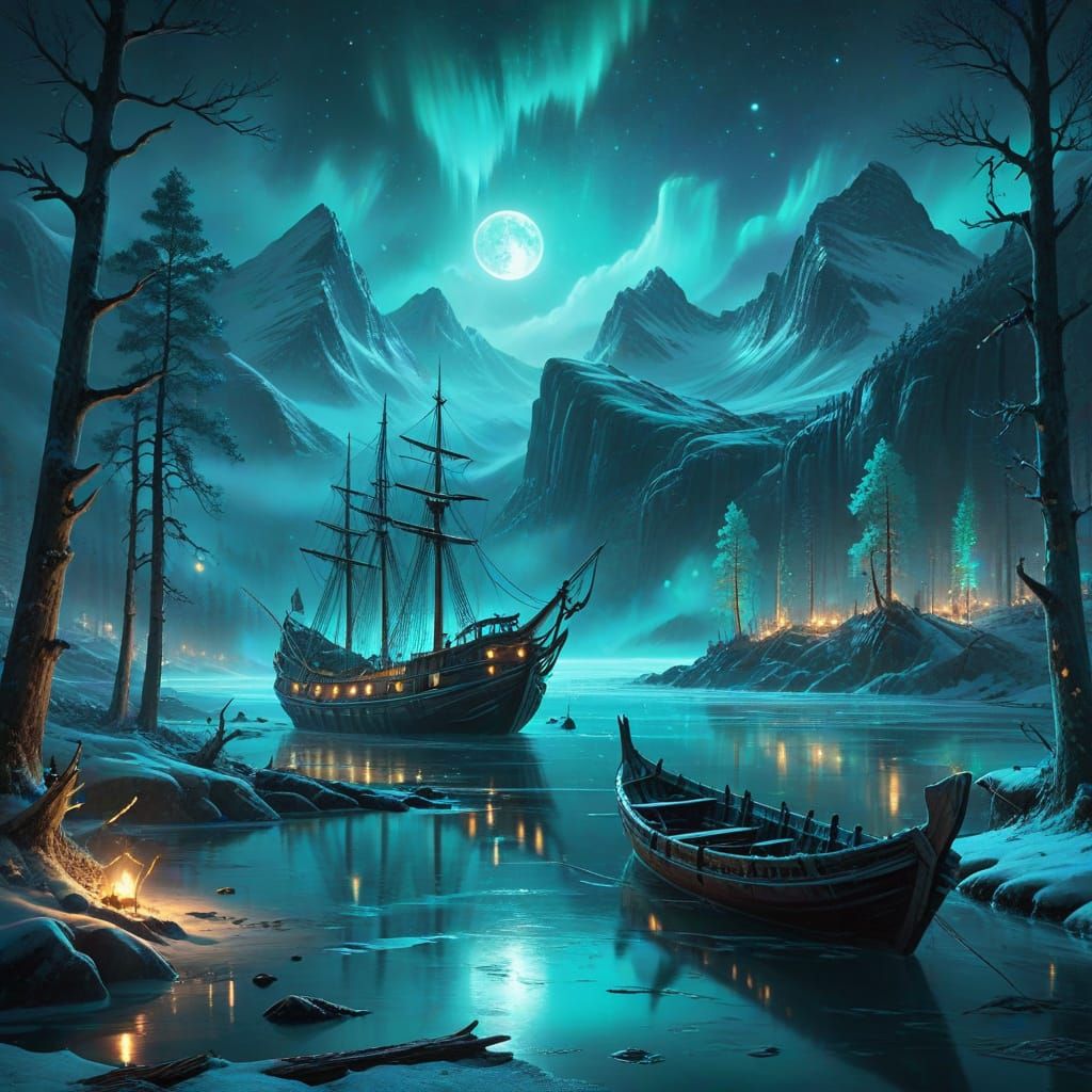 Turquoise Fantasy Landscape with Arctic Aurora and Golden Fo...