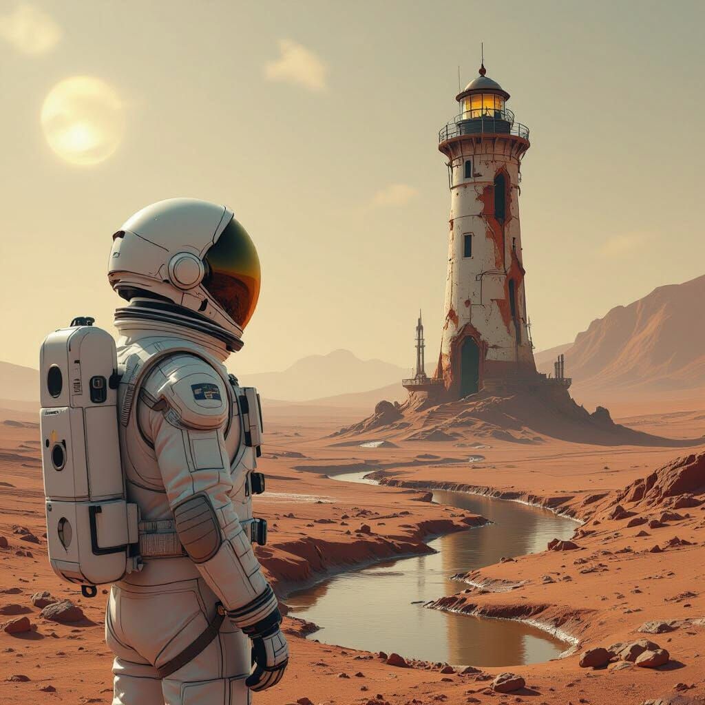 Astronaut and Futuristic Lighthouse on Mars