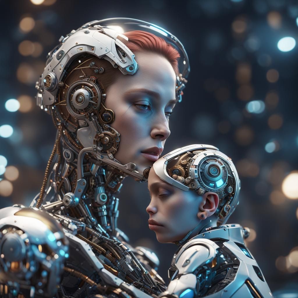Cyborg Mother and Child in Sci-Fi Style