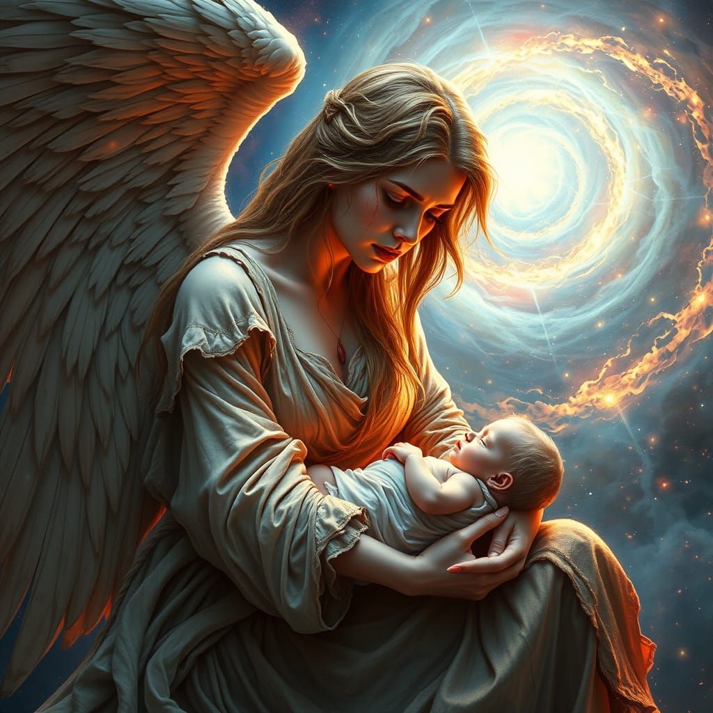 Sorrowful Fallen Angel Weeps Over Lifeless Baby