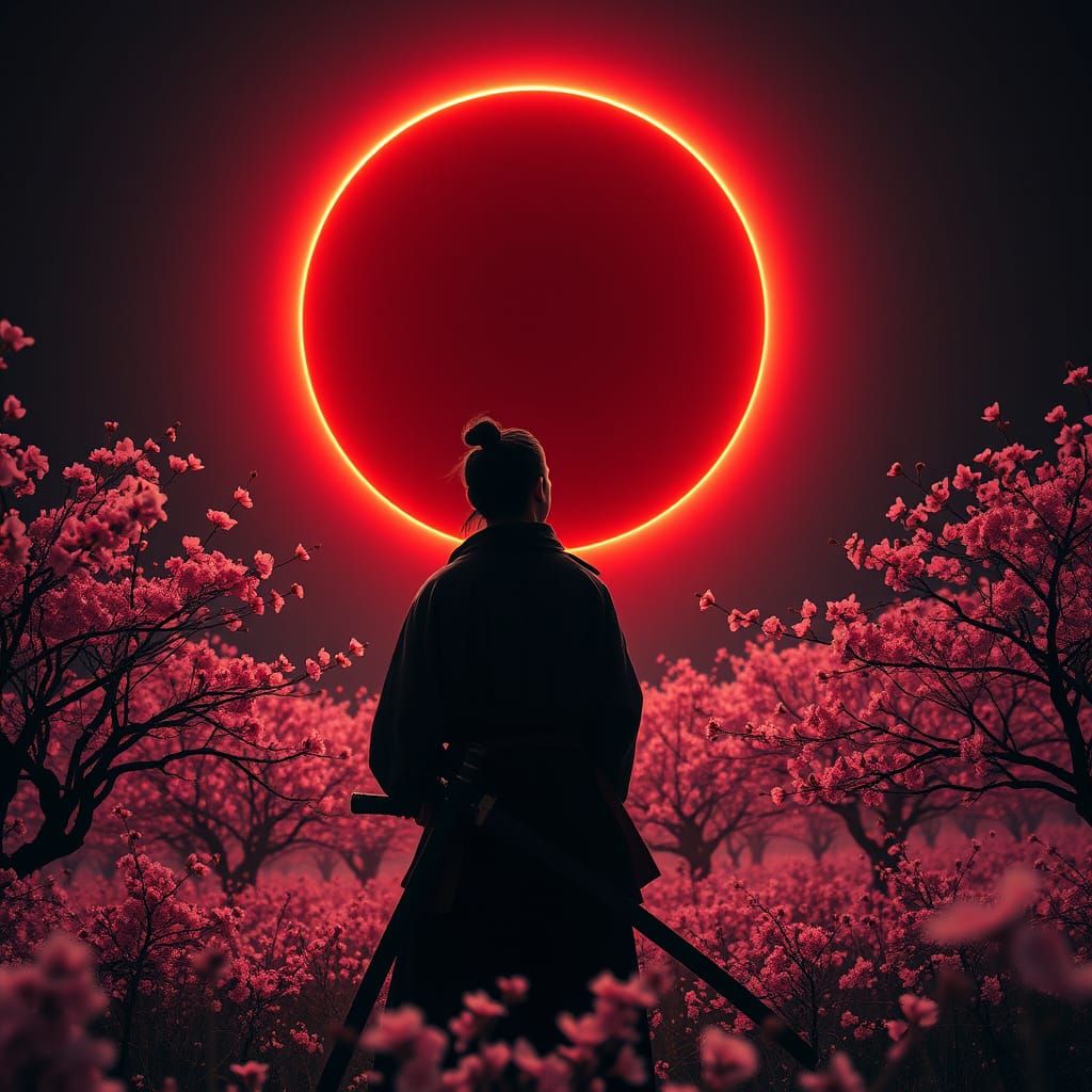 Samurai Observes Eclipse in Cherry Blossom Field
