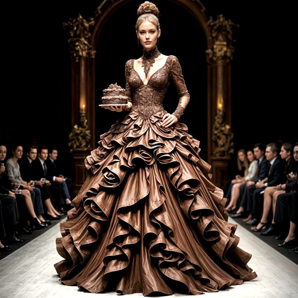 Model Showcasing Elaborate Chocolate Dress on Runway