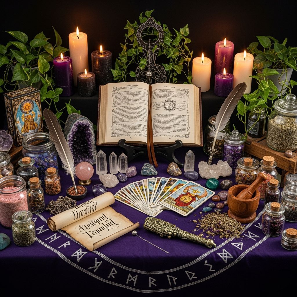 Mystical Altar with Spellbook and Crystals