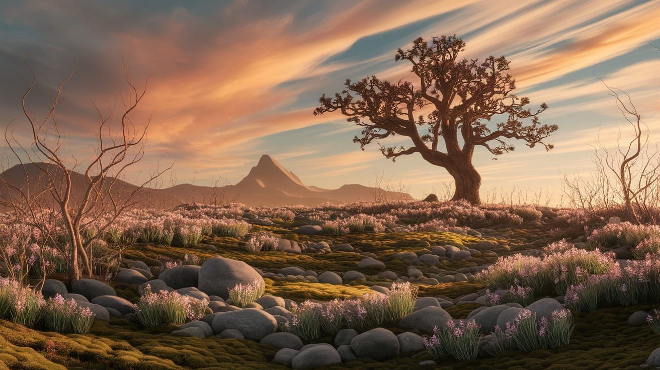 Whimsical World With Ancient Oak Under Golden Sunlight