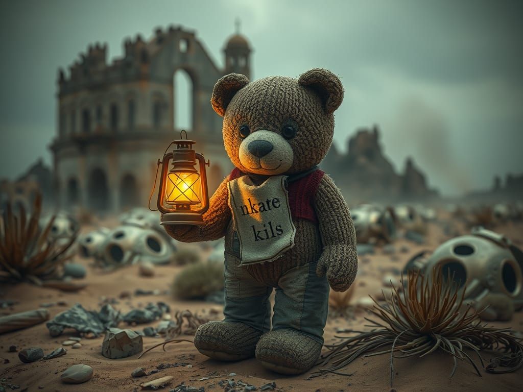 Post-Apocalyptic Teddy Bear in Desolate Wasteland