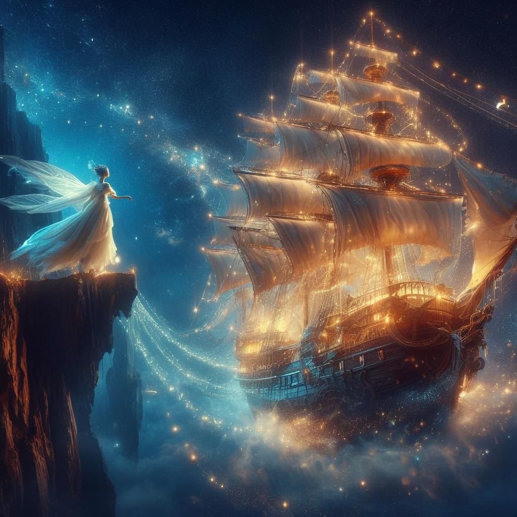 Magical Ship Flies Above Clouds Watched by Fairy