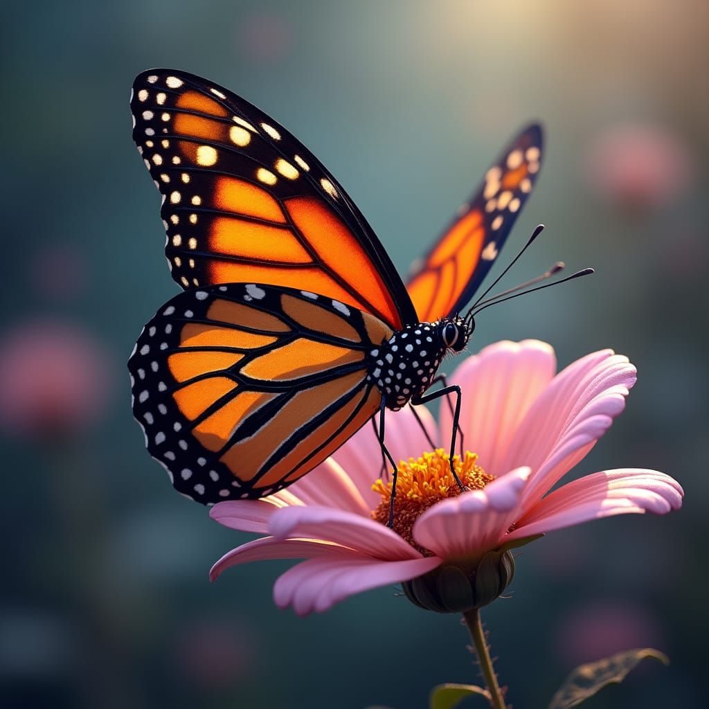 Monarch Butterfly on Pink Flower: Detailed Matte Painting
