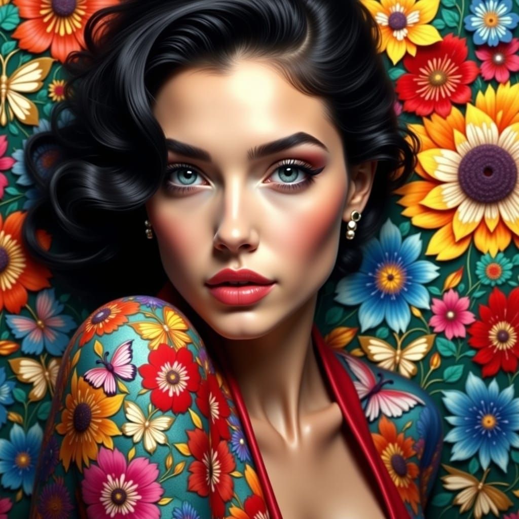 Woman in Floral Gown with Klimt-Inspired Background