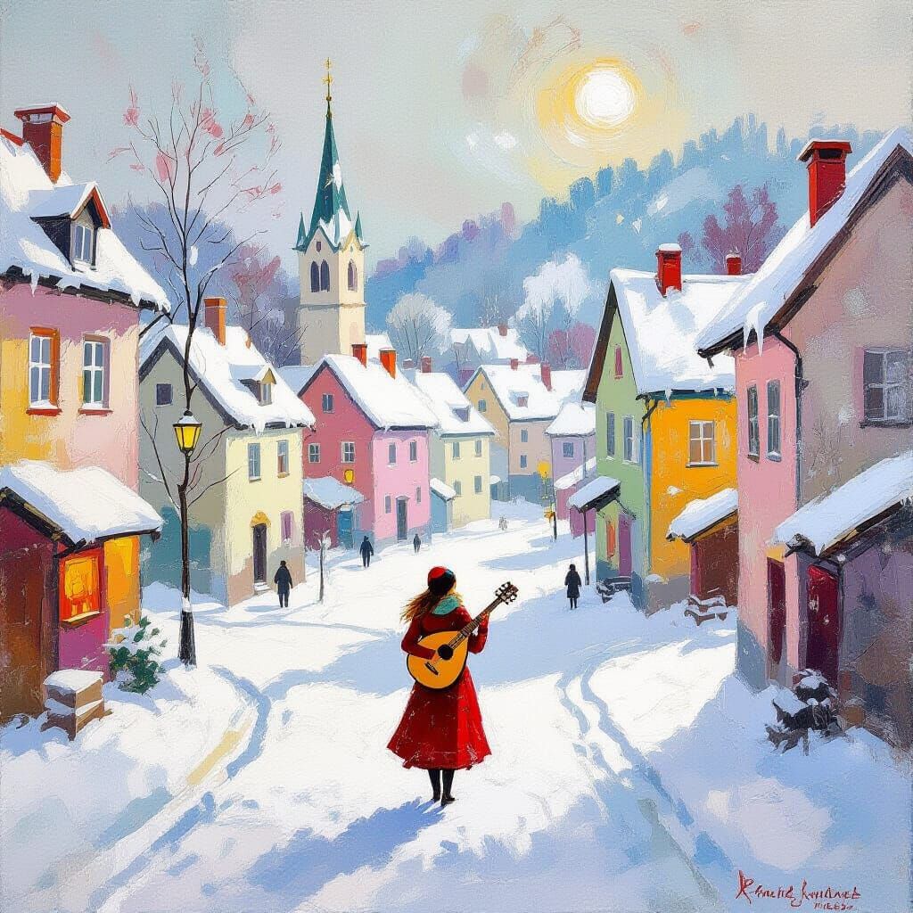 Girl with Lute in Snow Village Square, Expressionist Style