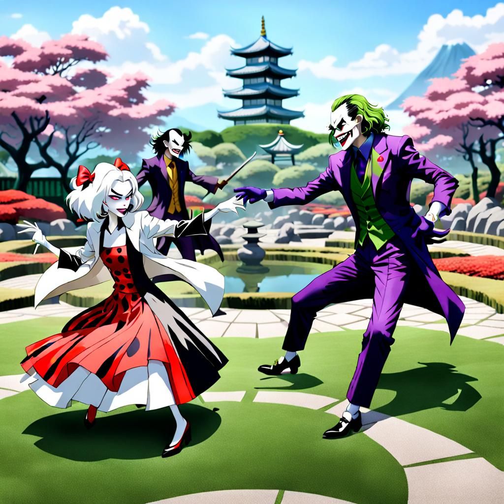 Anime Showdown: Cruella vs. Joker in Japanese Garden