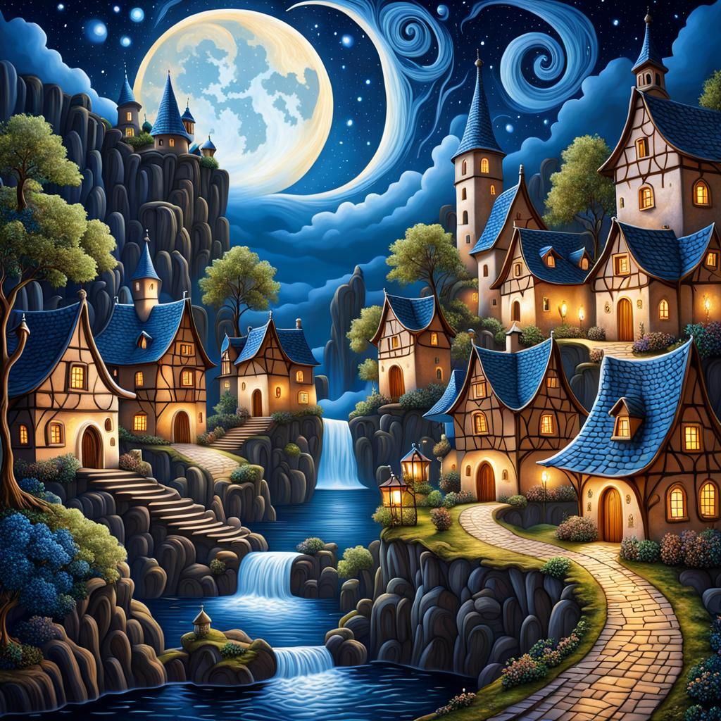 Magical Renaissance Village Under Crescent Moon Waterfall