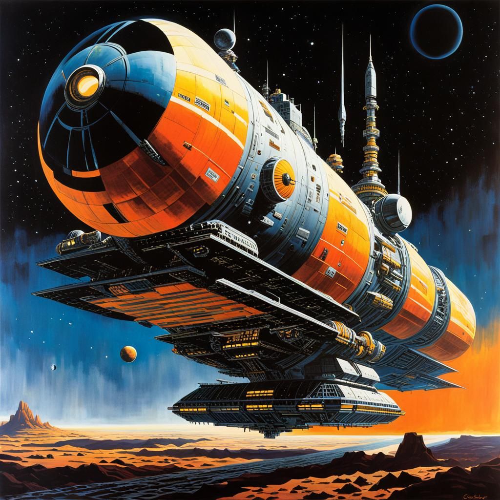 Colossal Space Station in 1970s Sci-Fi Style