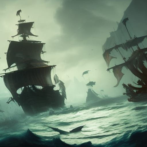 Pirates Clash with Kraken: Dark Fantasy Art