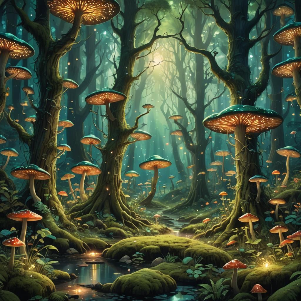 Ethereal Forest Landscape in Art Nouveau Style