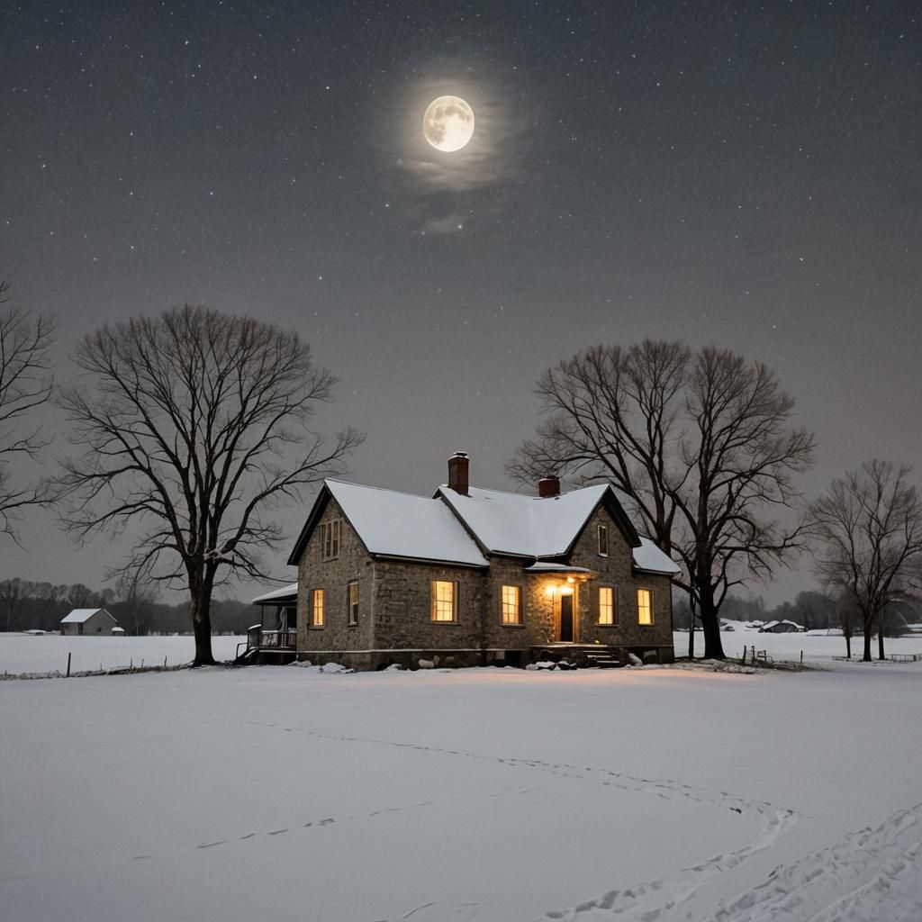 Winter Farmhouse Under Moonlight: A Lit Limestone Home