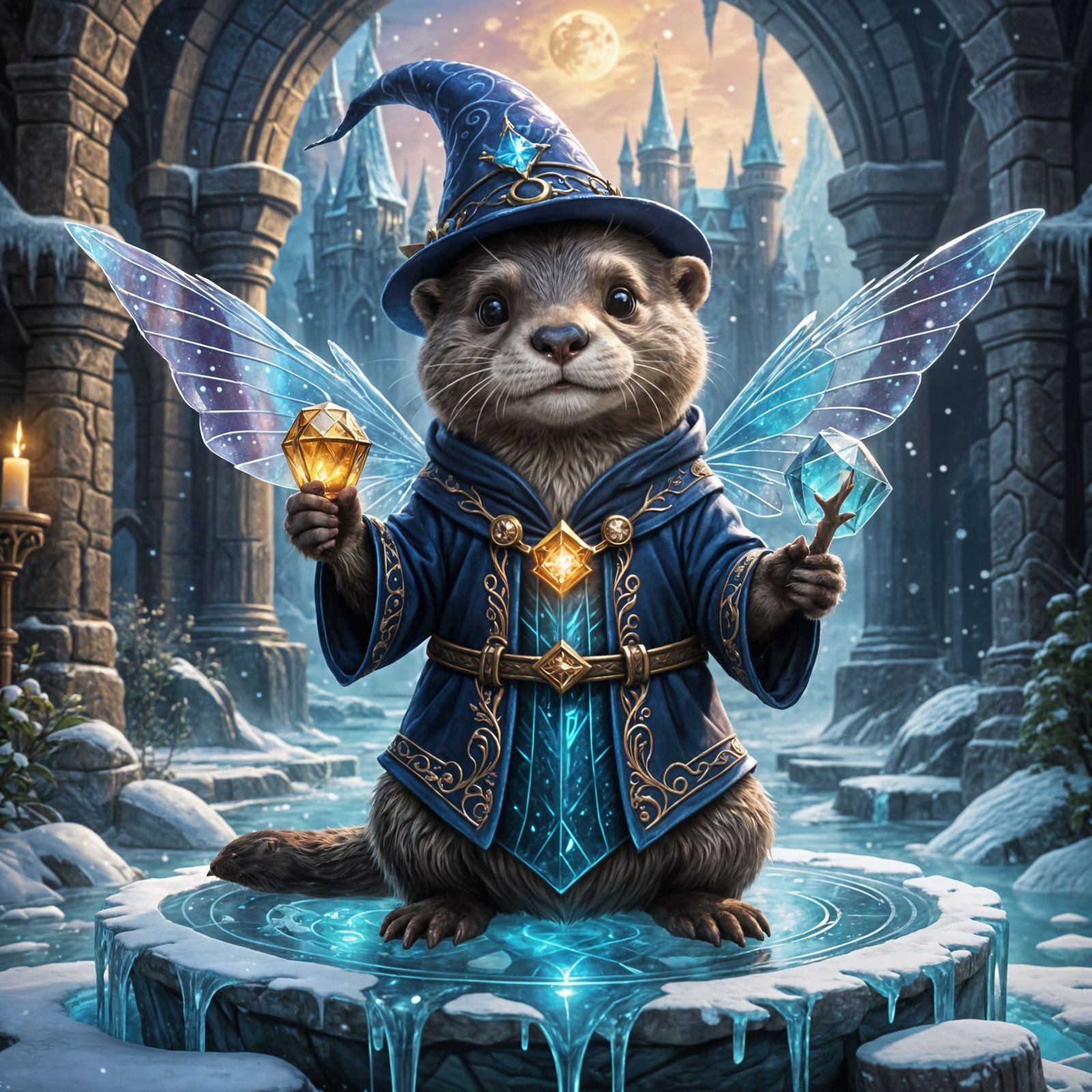 Enchanting Otter Wizard in Ice Castle, Digital Art