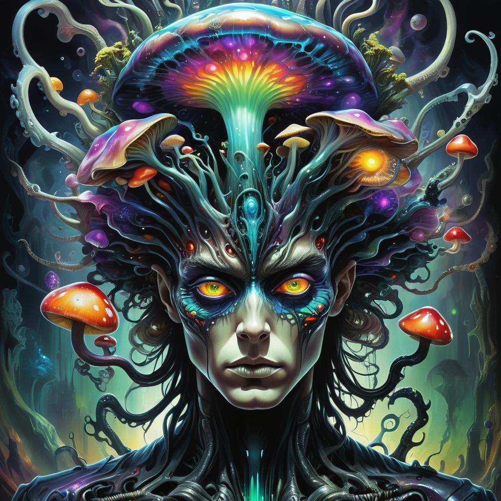 Stylish Individual with Hallucinatory Mushroom, in Biomechan...