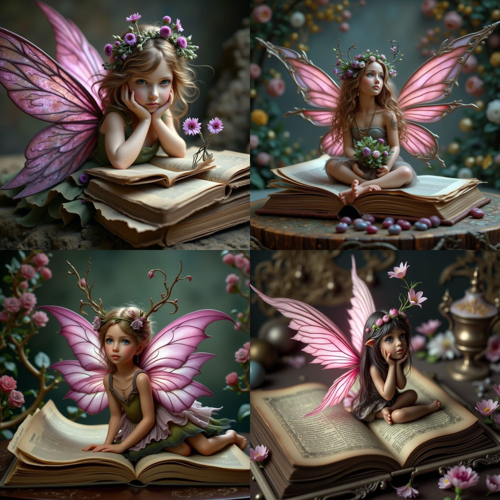 A Whimsical Fairy Sits on an Antique Book in Dreamlike Reali...