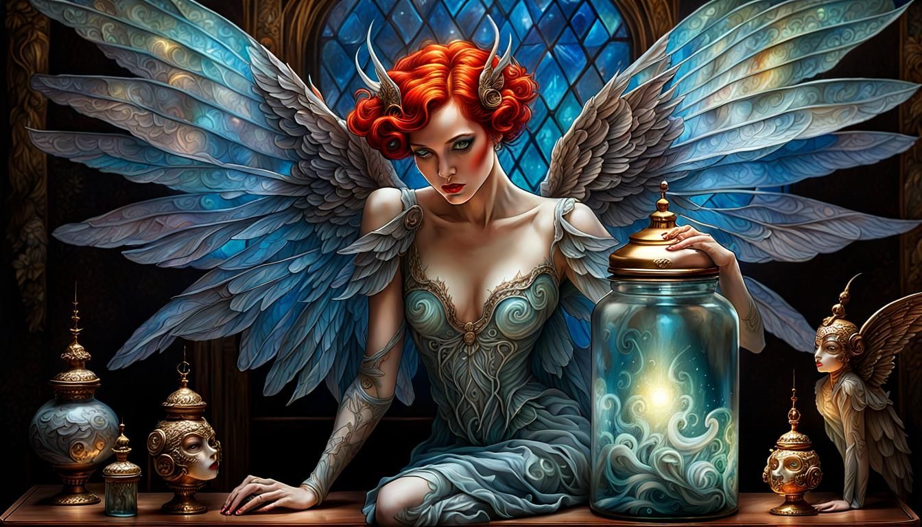 Evil Redhead Pixie Trapped in Glass Jar Painting