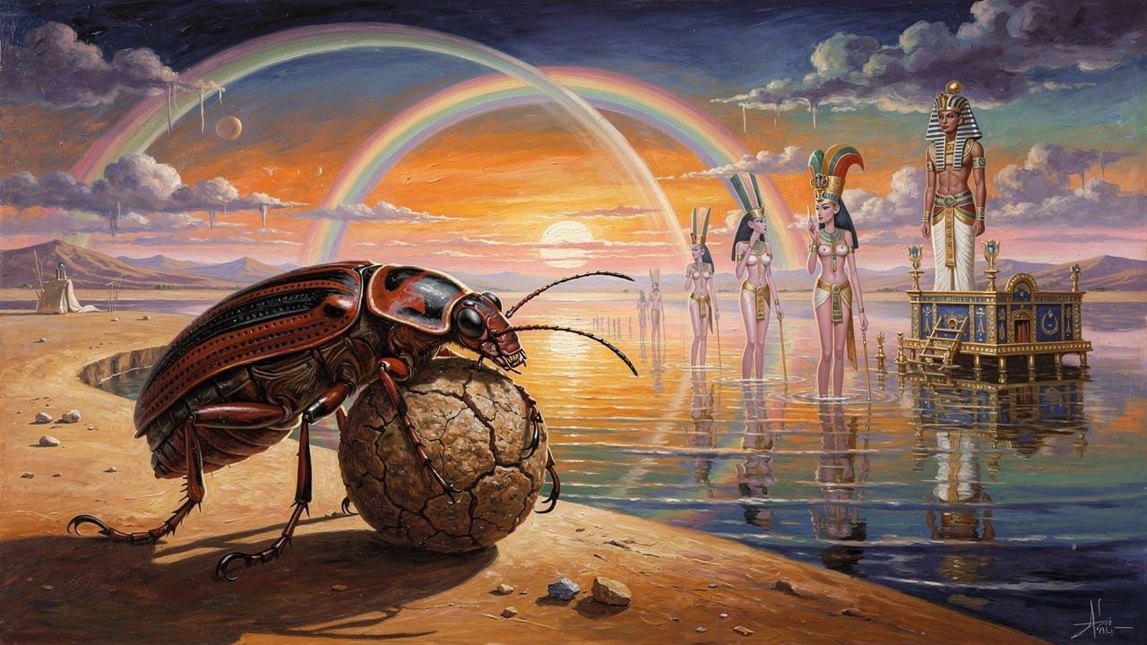 Surreal Stinkbug Rolls Dung Ball by Nile at Sunset
