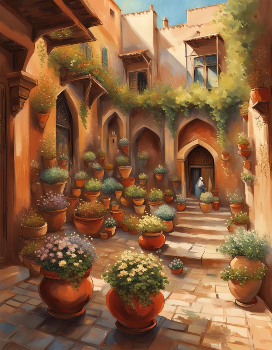 Bustling Arabic Courtyard in Impressionist Orientalism Style