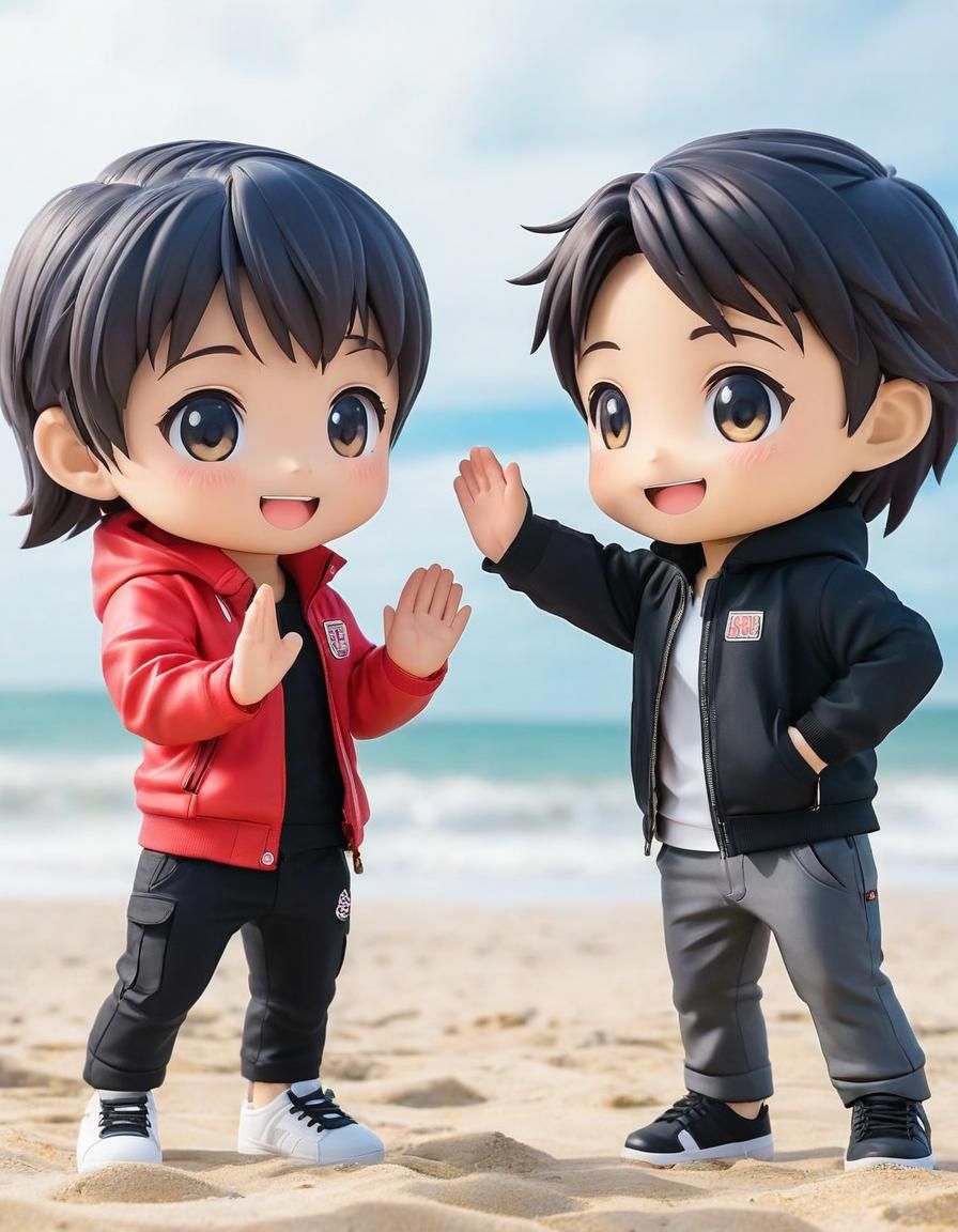 Chibi Kids High Five on the Beach in Anime Style