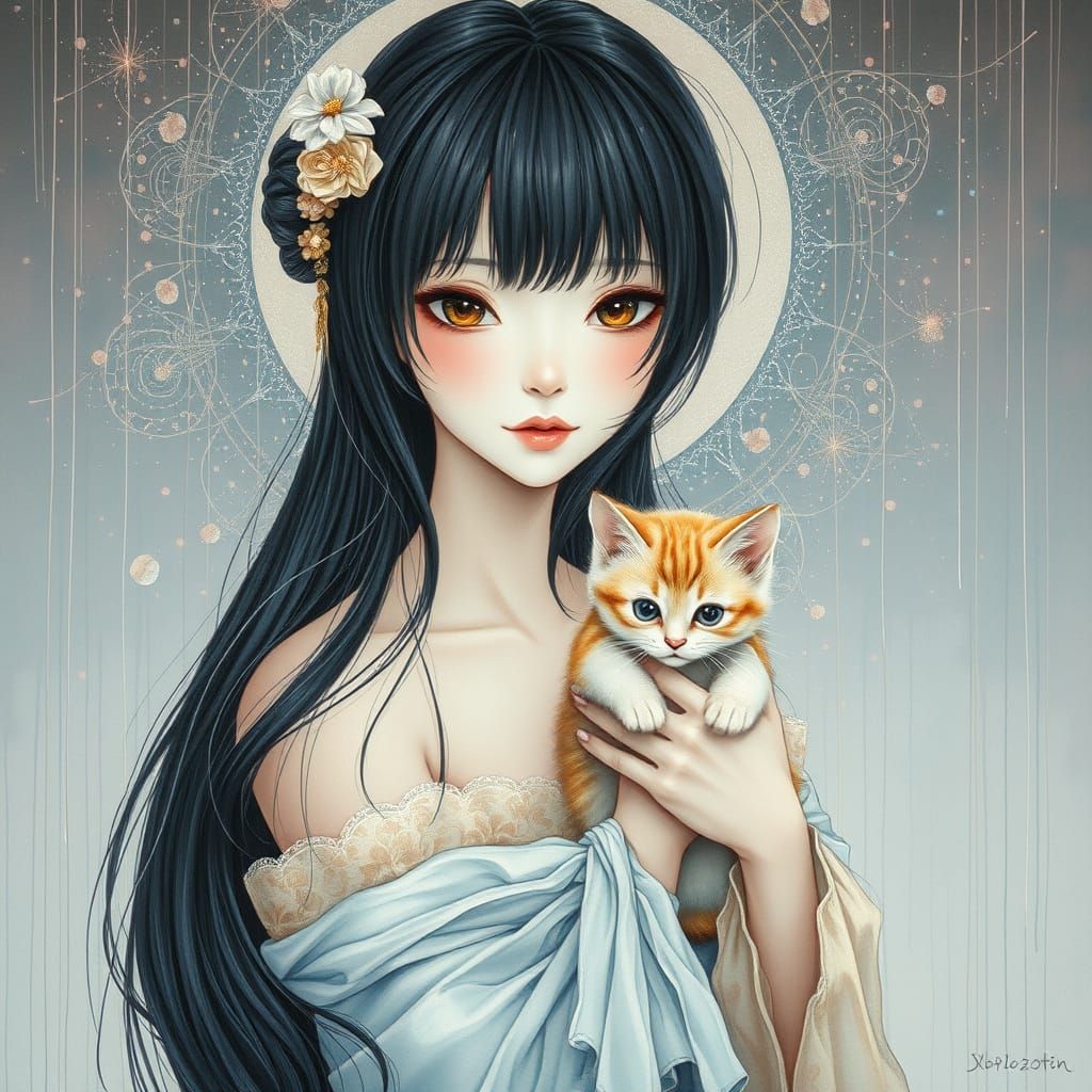 Ethereal Japanese Goddess in Silk Gown with Kitten