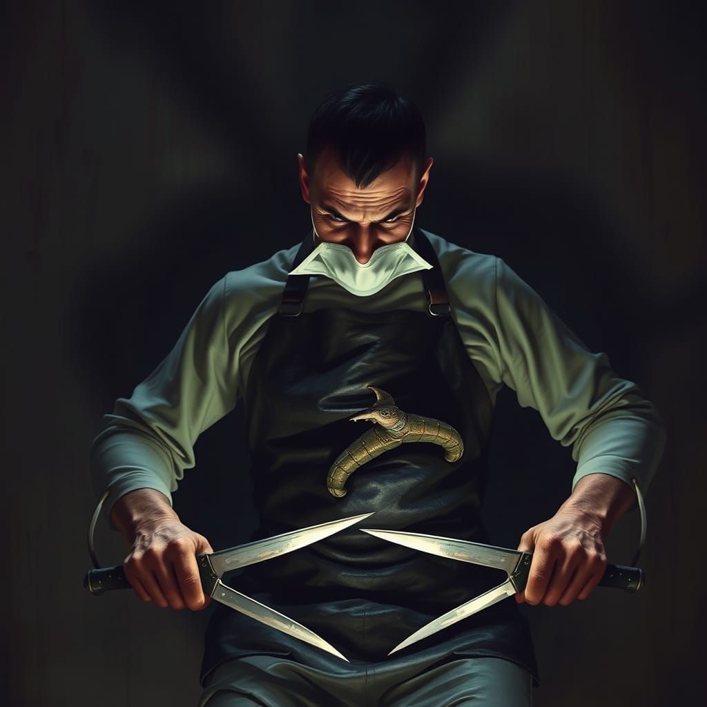 Sinister Dentist with Knives in Dark Fantasy Style