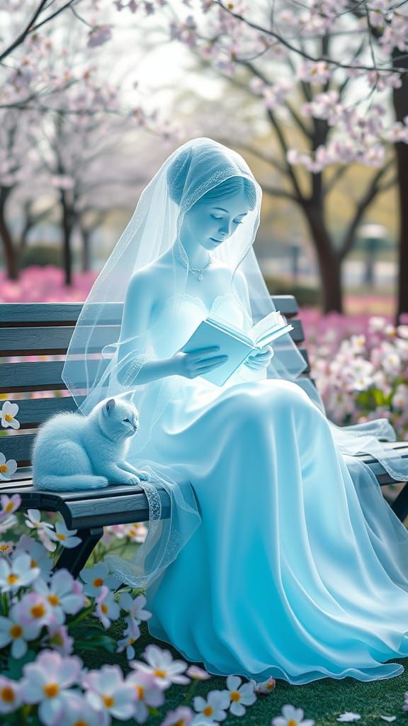 Glass Carving of a Serene Blue Girl in a Vibrant Park