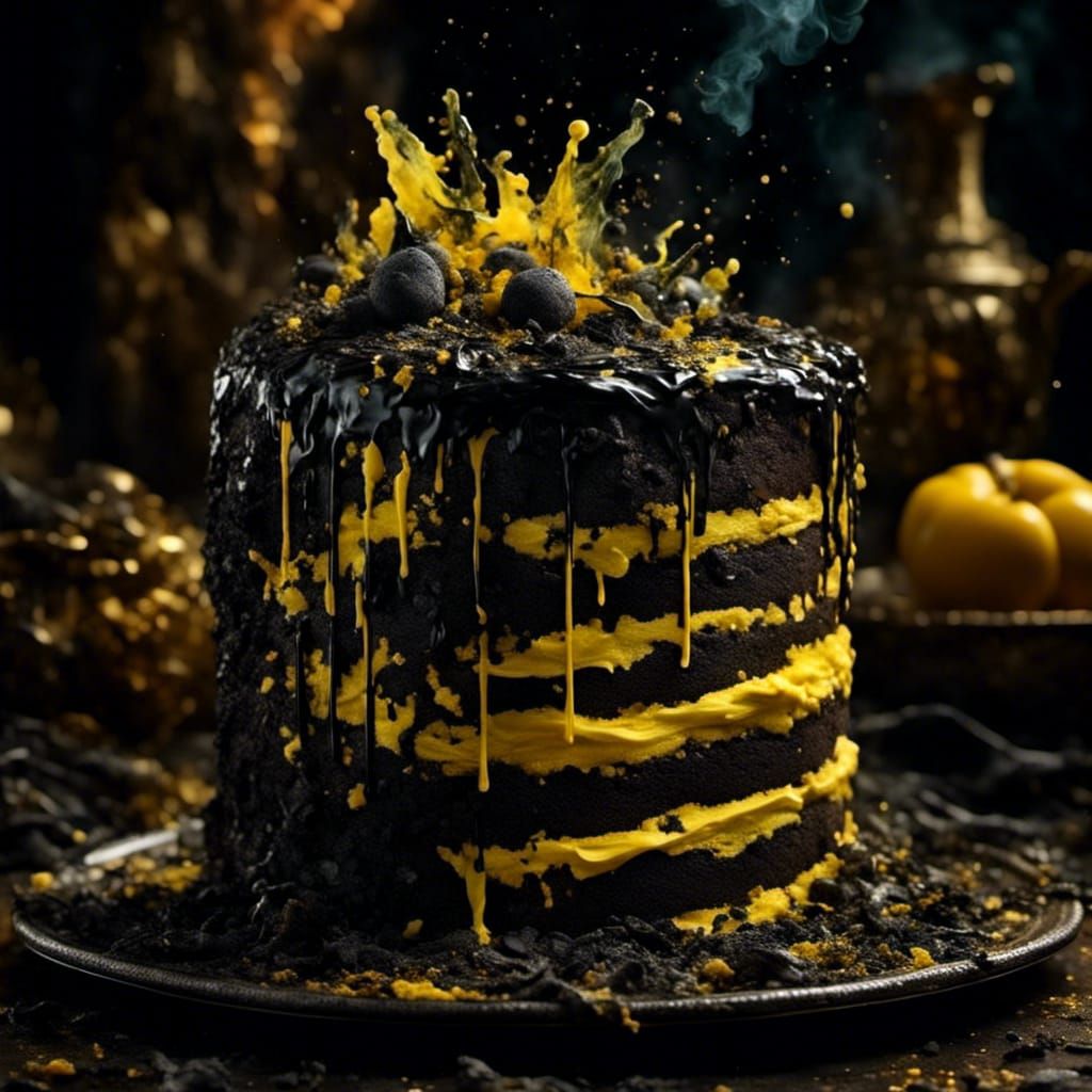 Appetizing Brutal Black and Yellow Cake in HDR