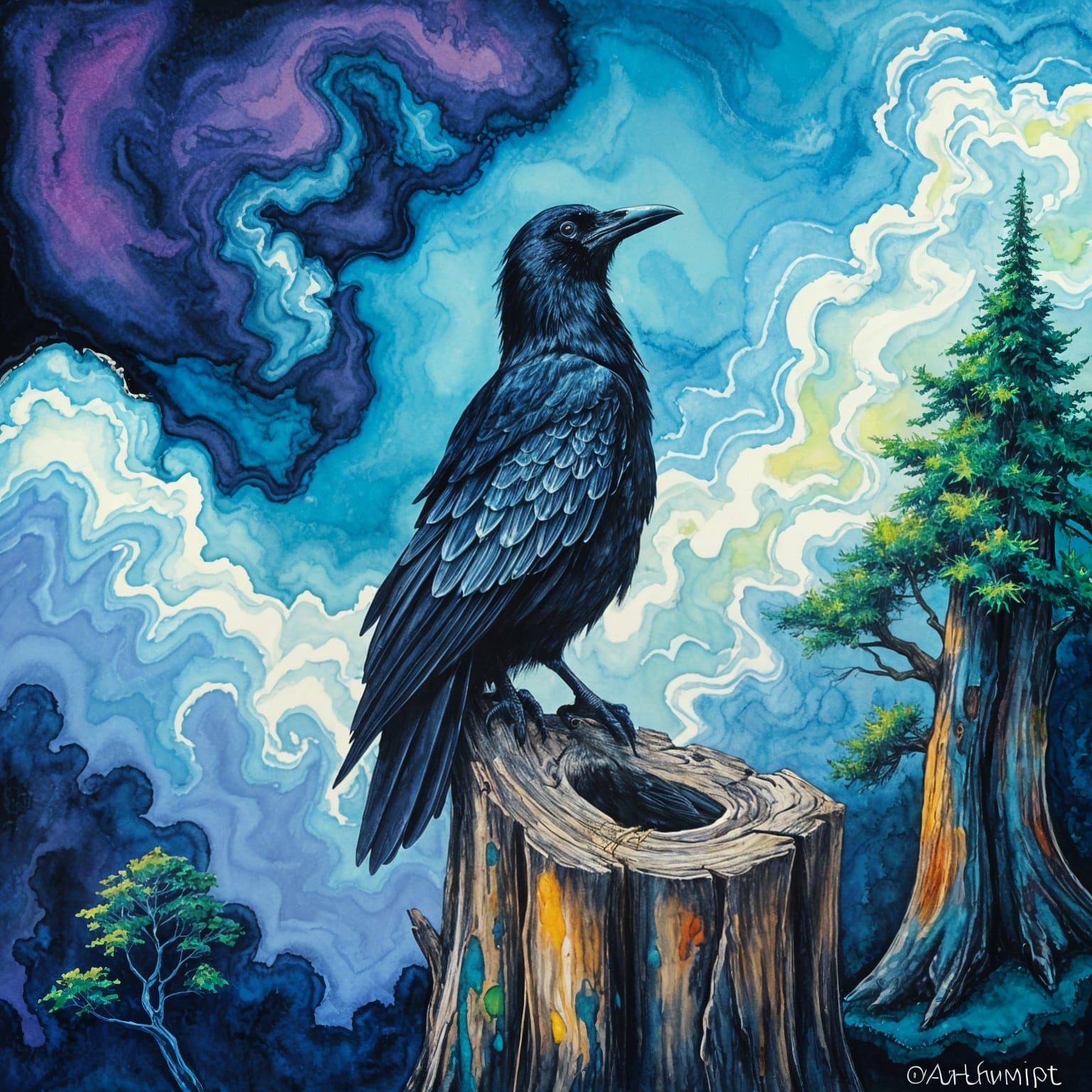 Majestic Crow Reigns Over Vibrant Landscape