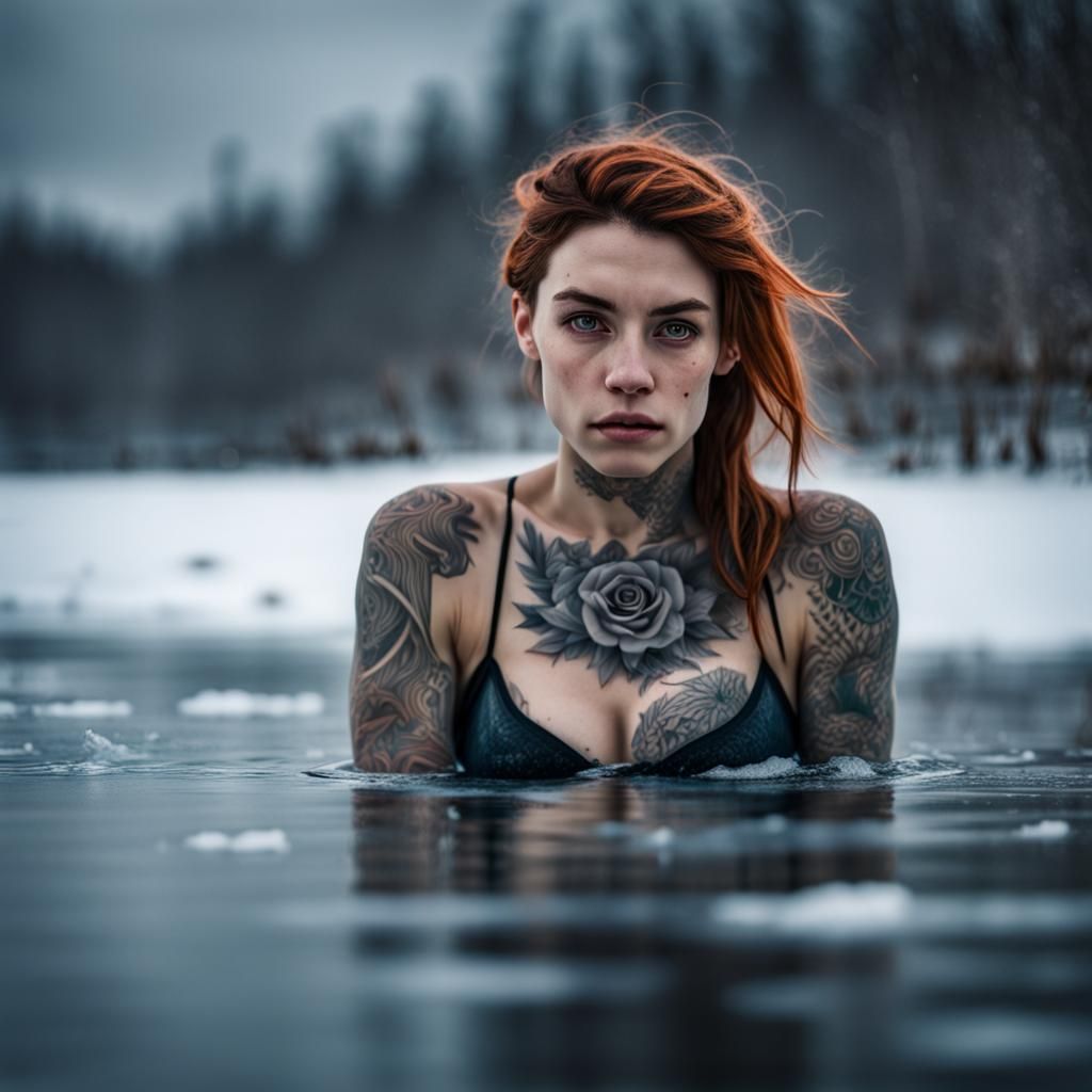 Tattooed Girl Swimming in Frozen Lake: Hyperrealistic HDR