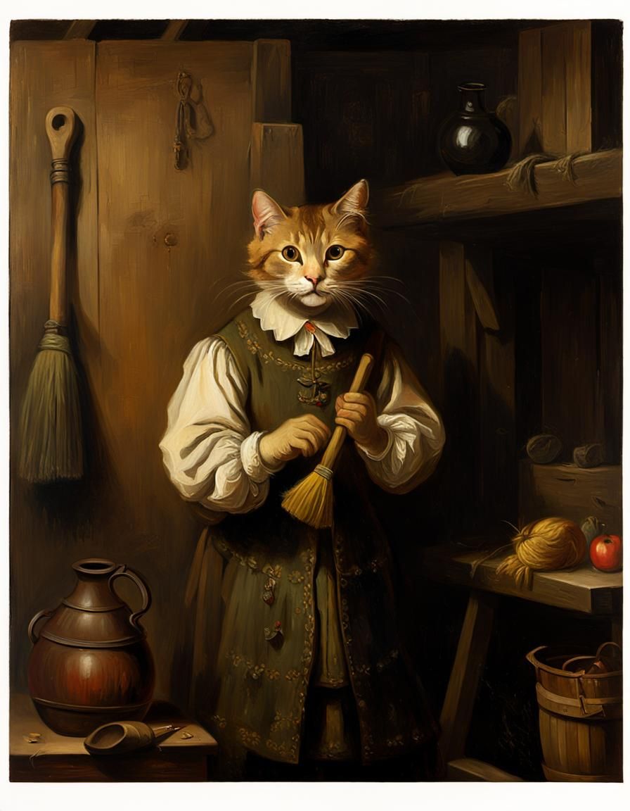 Anthropomorphic Cat as Dutch Peasant, Baroque Oil Painting
