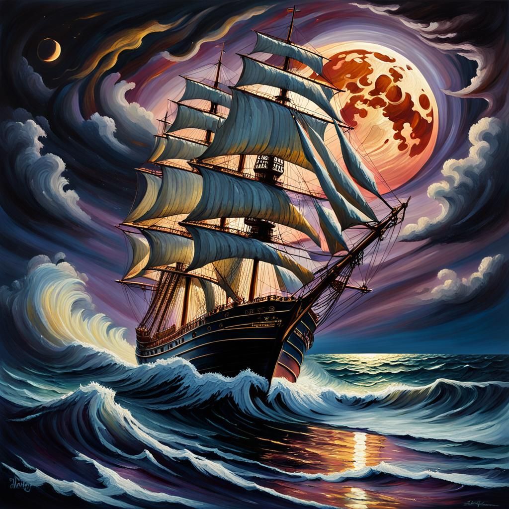 Sailing Ship Under Blood Moon as Oil Painting