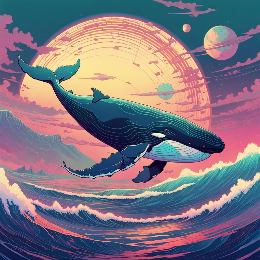 Whale Above Ocean Planet in Vaporwave Style