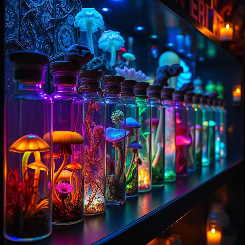 Mystical Alchemy Shop with Alien Flora, Surreal Art