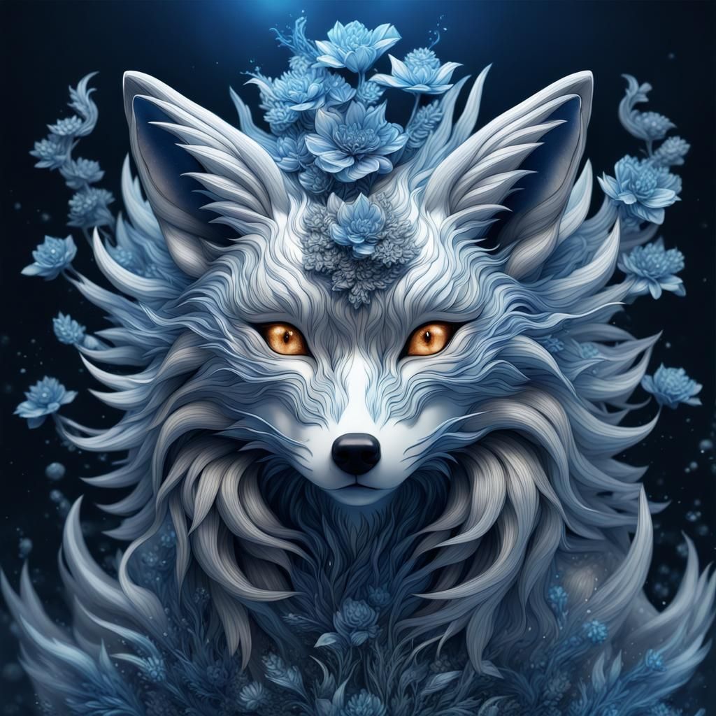 Metallic Nine-Tailed Fox Double Exposure in 8K