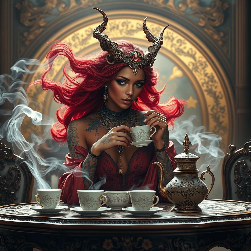 Majestic Red-Skinned Djinn Sipping Tea