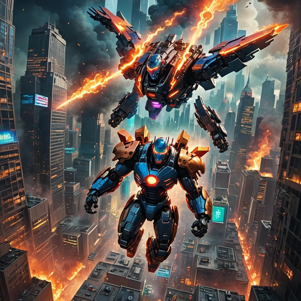 Superhero Saves City From Robot in Epic Fantasy Art