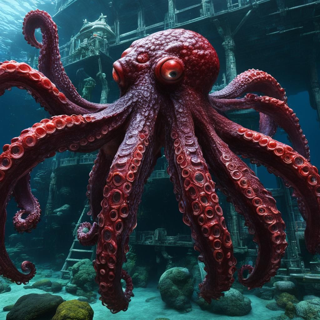 Akkorokamui: Red Octopus Swamping Ship