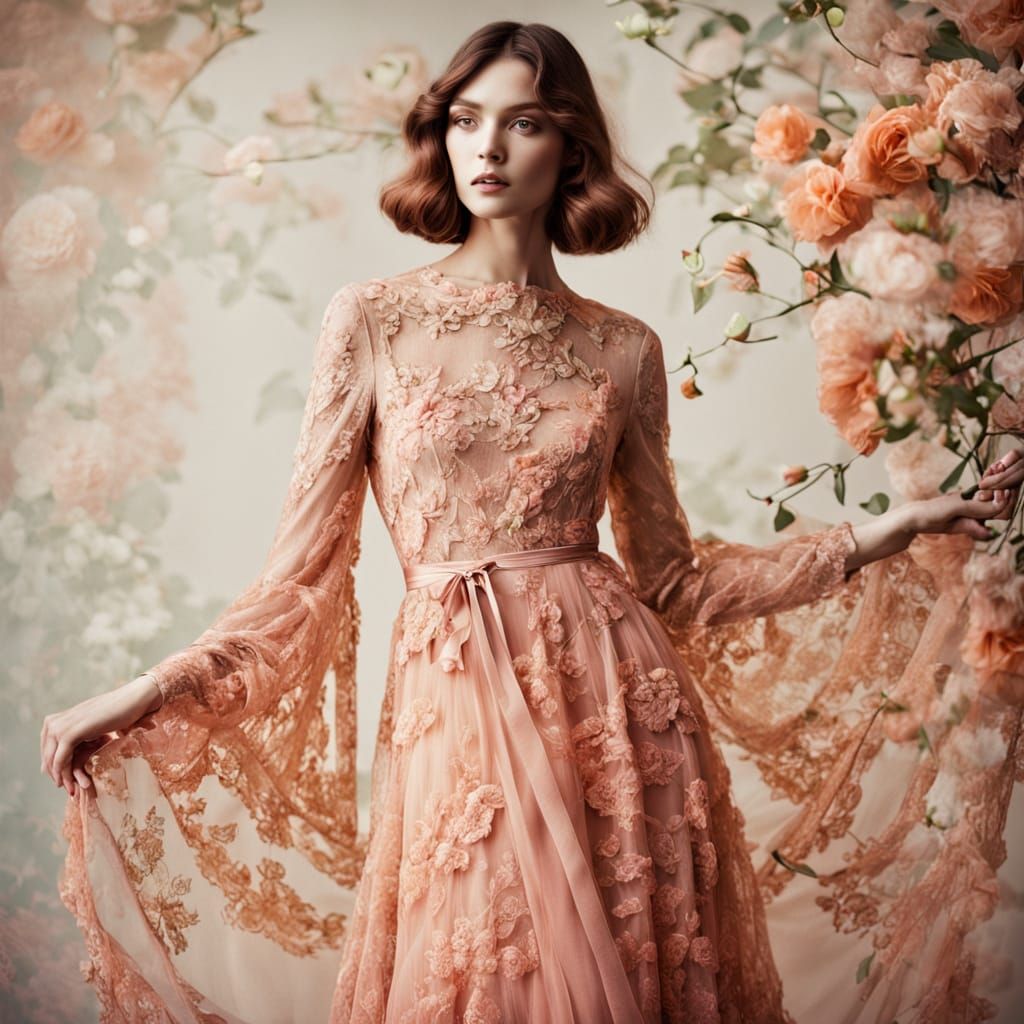 Sheer Salmon Floral Lace Gown in Art Nouveau Style