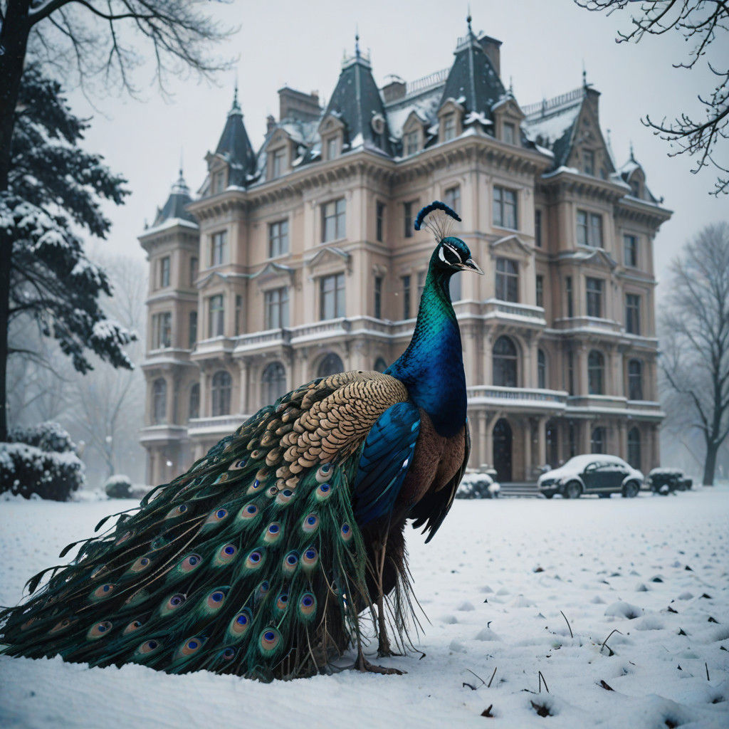 Vivid Peacock in Winter Wonderland