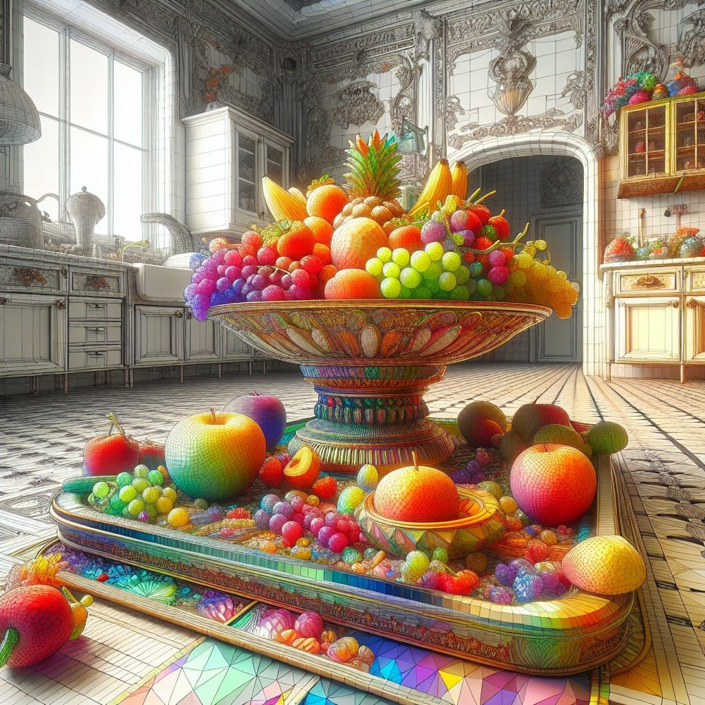 Crystal Fruit Bowl in Art Nouveau Kitchen Scene