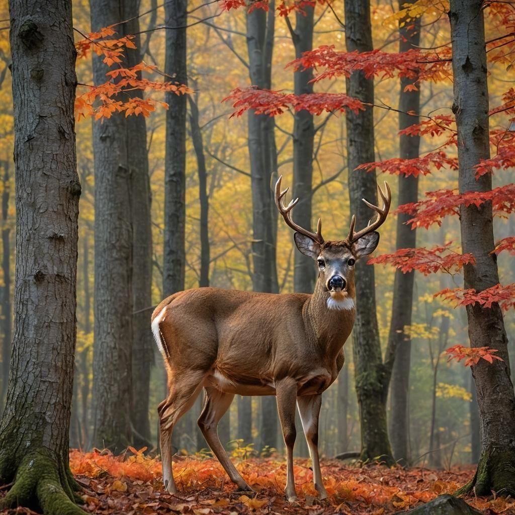 Autumn in Smoky Mountains with Deer, Hyperrealistic
