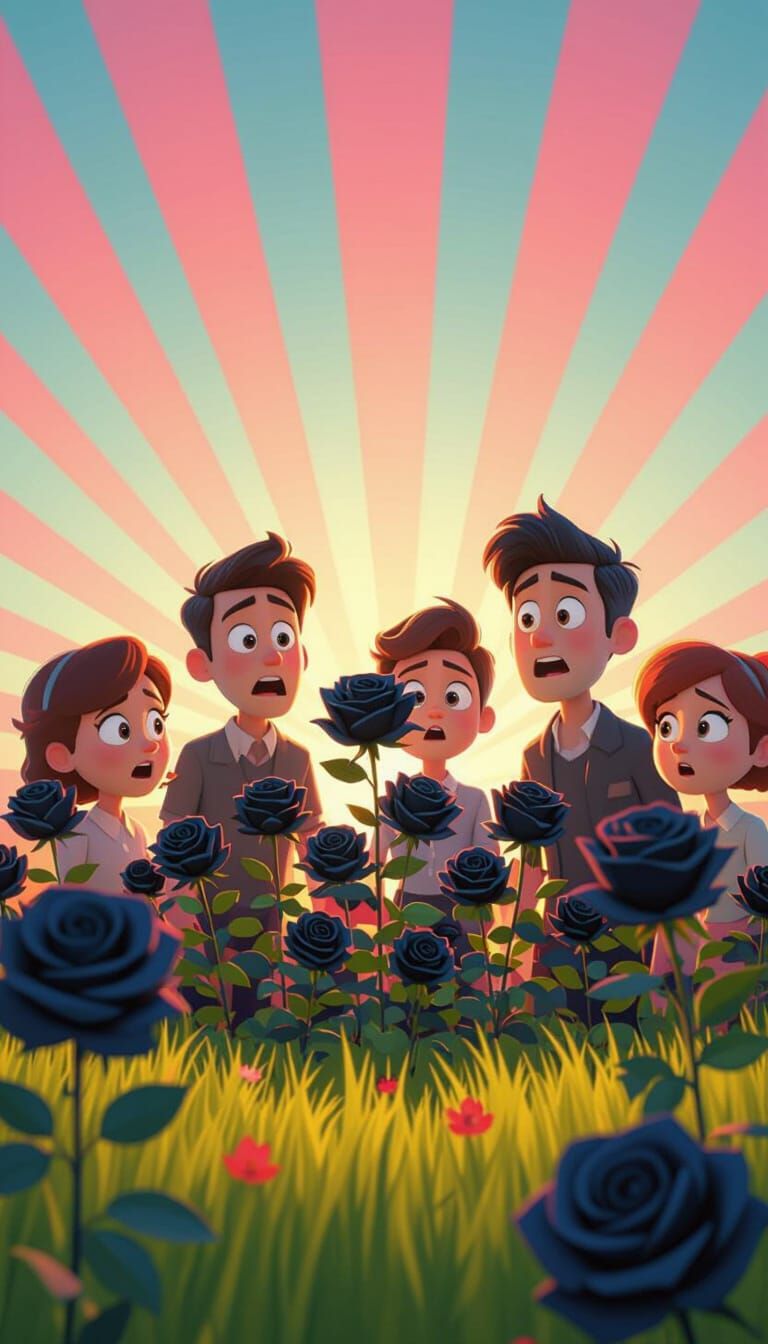 Stylized Characters Fear Black Roses in Vibrant Pixar Style